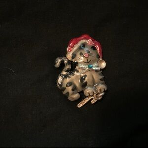 Christmas Tabby Cat Brooch with Red Hat Bow Candy Cane